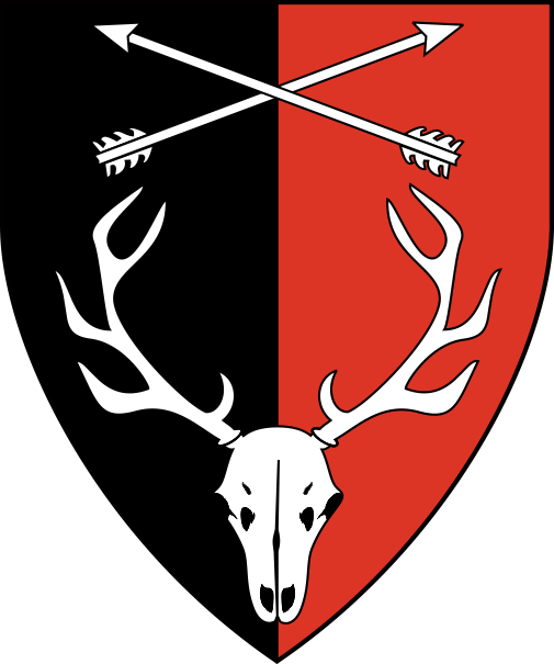 [Per pale sable and gules, a stag's skull and in chief two arrows inverted in saltire argent]