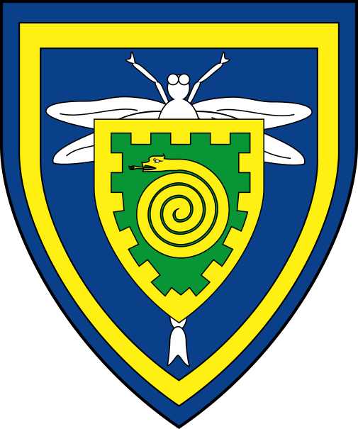 [Azure, a dragonfly volant en arriére argent within an orle Or, for augmentation, surmounting the dragonfly on an escutcheon vert, a serpent involved within a bordure embattled Or    Augmentation registered 2019-07]