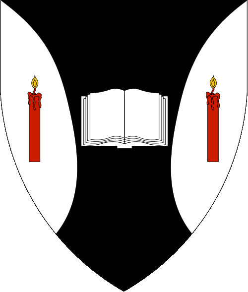 [Sable, an open book between flaunches argent each charged with a candle gules lit Or.]