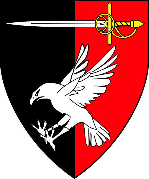 [Per pale sable and gules, a falcon striking argent and in chief a rapier fesswise proper]
