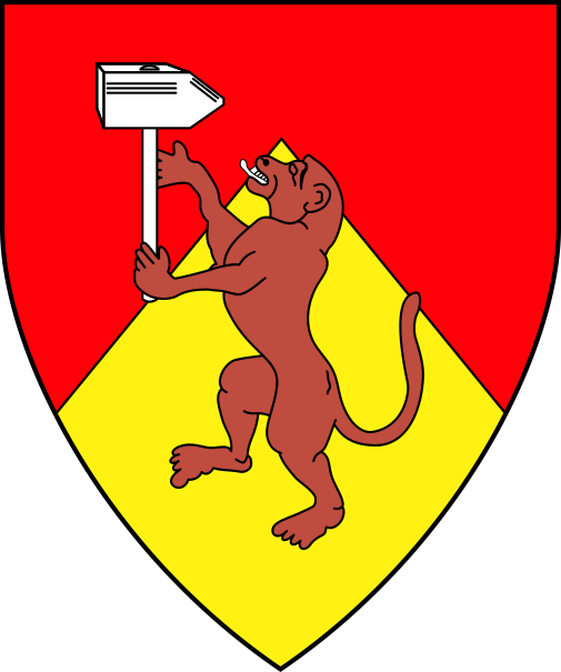 [Per chevron gules and Or, a brown monkey rampant proper maintaining a hammer argent]