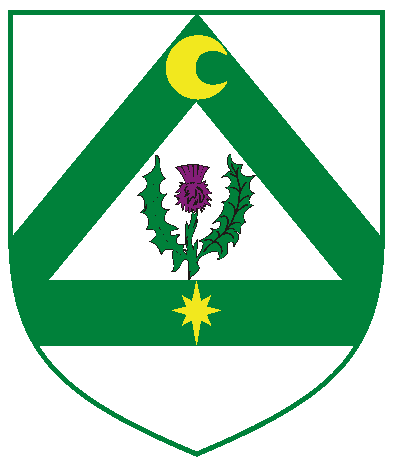 [Argent, a thistle proper between in pale on a chevronel throughout conjoined to a bar abased vert a decrescent and a compass star Or	  ]