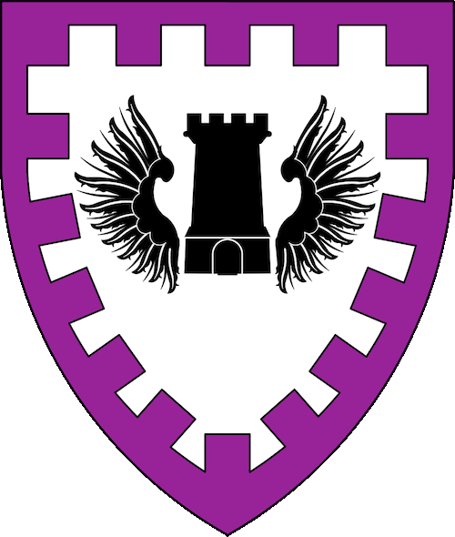 [Argent, in fess a tower between a pair of wings sable, a bordure embattled purpure.]