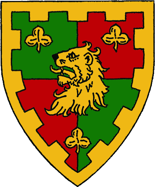 [Quarterly vert and gules, a lion's head erased between three trefoils, a bordure embattled Or.]
