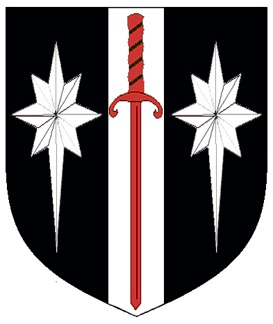 [Sable, on a pale between two mullets of eight points elongated to base argent, a sword inverted gules	  ]