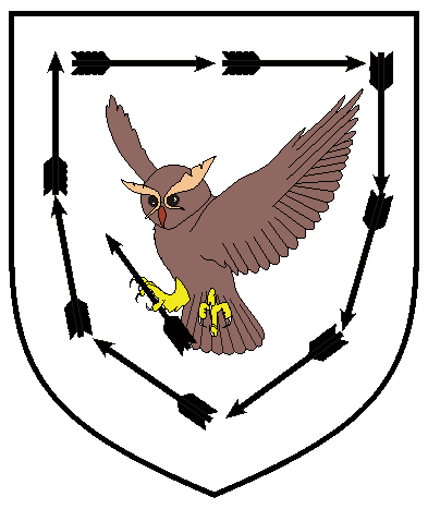 [Argent, a Great Horned owl rising proper maintaining an arrow bendwise inverted within an orle of arrows in orle sable (reblazoned 06/2021)]