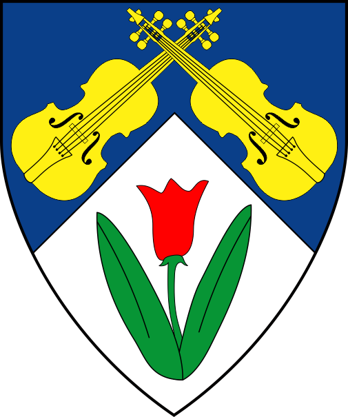 [Per chevron azure and argent, two viols in saltire Or and a tulip gules slipped and leaved vert]