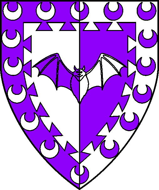 [Per pale argent and purpure, a reremouse displayed within a bordure dovetailed semy of crescents all counterchanged]