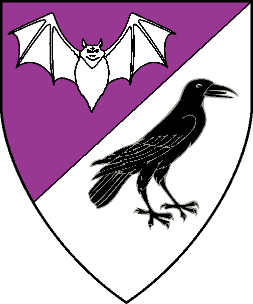[Per bend sinister purpure and argent, a reremouse argent and a raven contourny sable]