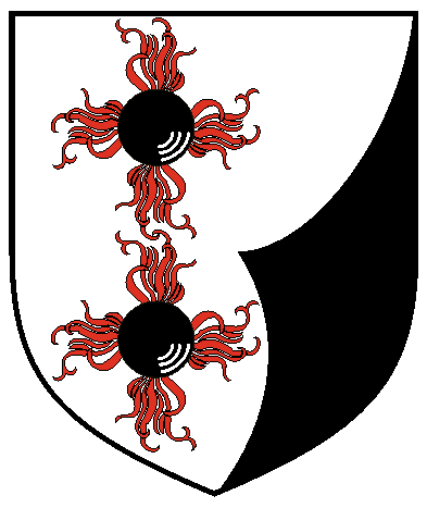 [Argent, two fireballs in pale sable flammant gules and on a gore sinister sable	  ]