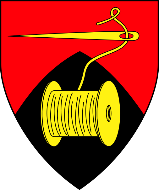 [Per chevron enarched gules and sable, a needle fesswise its thread issuant from a spool of thread fesswise Or]