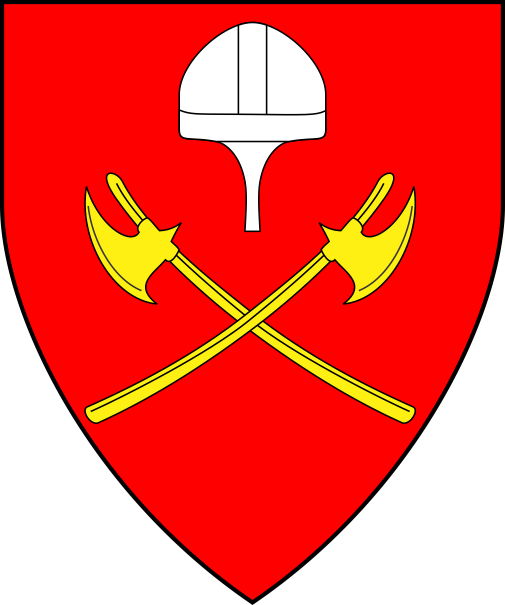 [Gules, two Danish axes in saltire Or, in chief a Norman helmet affronty argent]