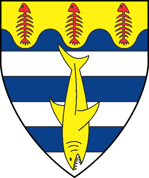 [Barry azure and argent, a shark urinant and on a chief wavy Or three fish skeletons palewise gules		  ]