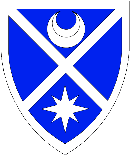 [Azure, a saltire between in pale a crescent and a compass star, a bordure argent.]