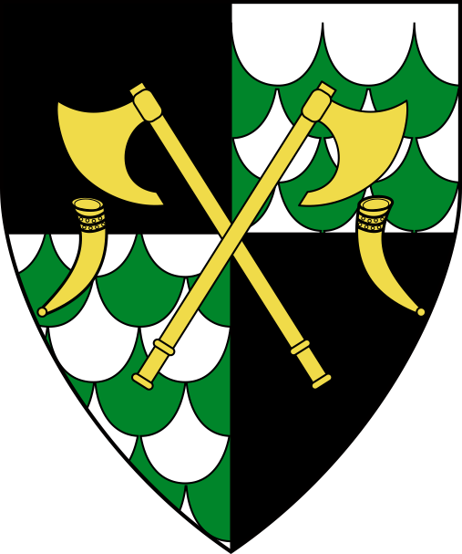 [Quarterly sable and papellony argent and vert, in fess two axes in saltire between two drinking horns addorsed Or]