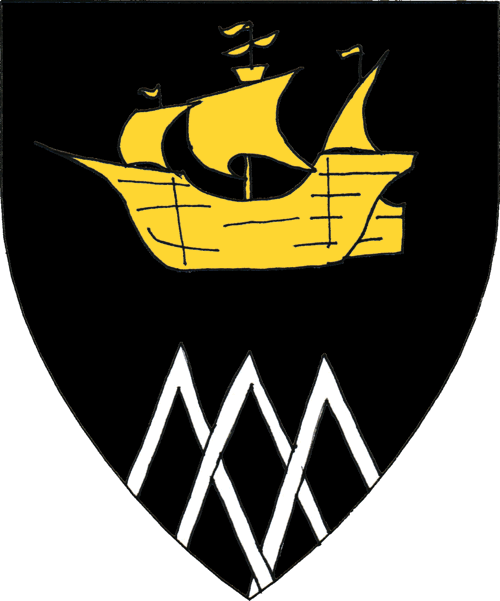 [Sable, a caravel Or and issuant from base three chevronels braced argent.]