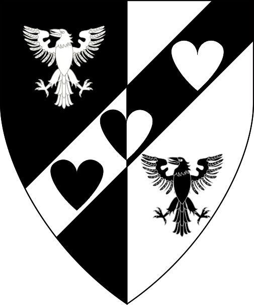 [Per pale sable and argent, on a bend sinister between two ravens displayed three hearts palewise counterchanged]