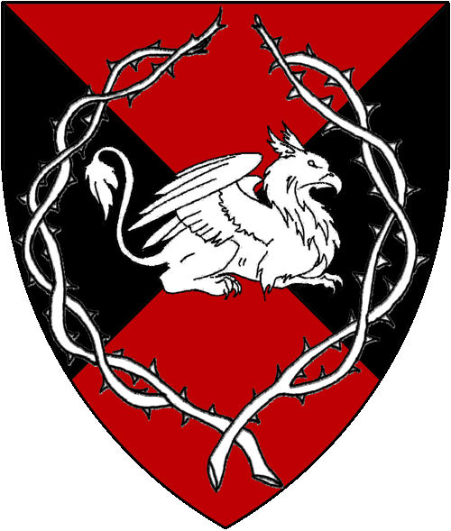 [Per saltire gules and sable, a griffin couchant contourny within a chaplet of thorns argent.]