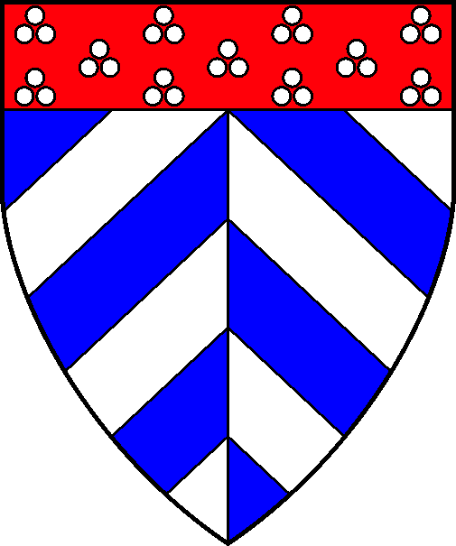 [Per pale and chevronelly azure and argent, a chief gules estencelly argent]