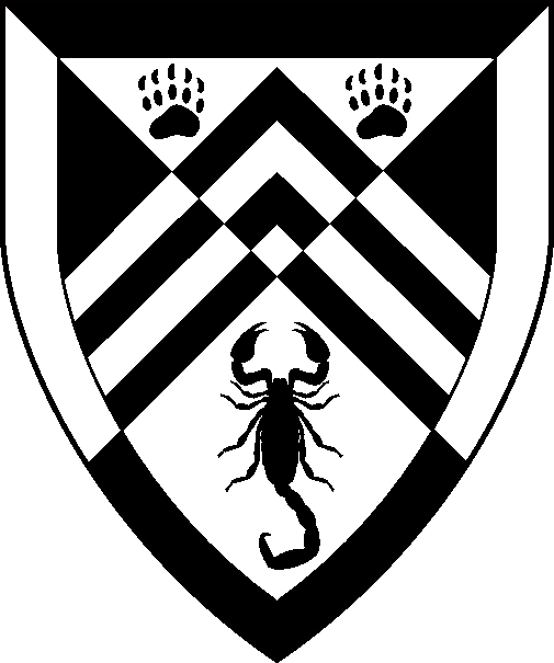 [Per saltire argent and sable, two chevronels counterchanged between in chief two badger's paw prints and a scorpion sable, a bordure counterchanged per saltire sable and argent]