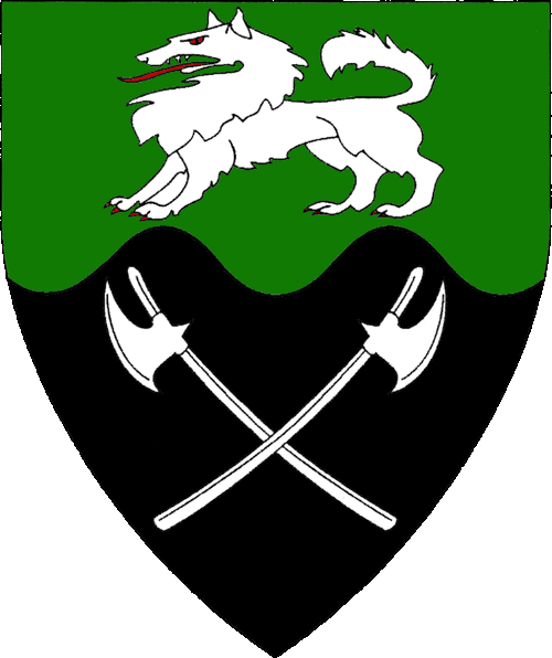 [Per fess wavy vert and sable, a wolf statant and in saltire two Lochaber axes argent.]