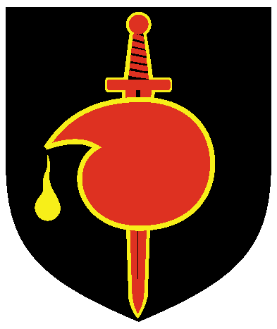 [Sable, a sword inverted debruised by an alembic fesswise gules, both fimbriated Or, distilling from the alembic a goutte d'Or	  ]