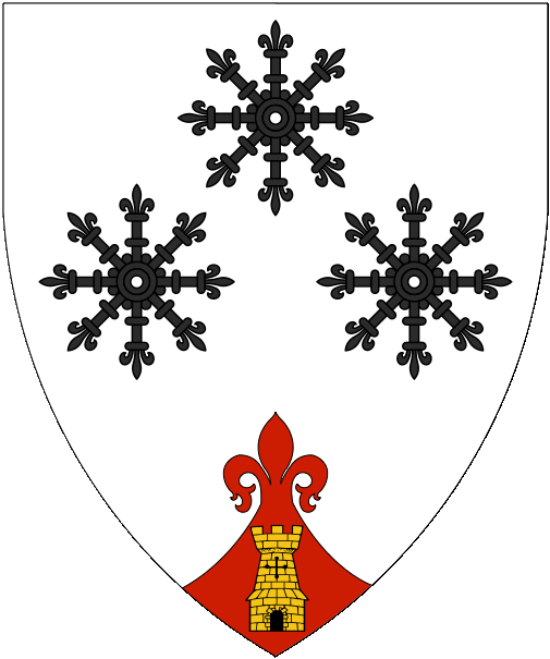 [Argent, three escarbuncles one and two sable and on a point pointed fleury at the point gules a tower Or.]