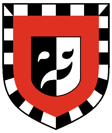 [	  Gules, a theatrical mask per pale sable and argent within a bordure compony sable and argent.]