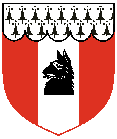 [Gules, on a pale argent a wolf's head couped sable and a chief invected ermine	  ]