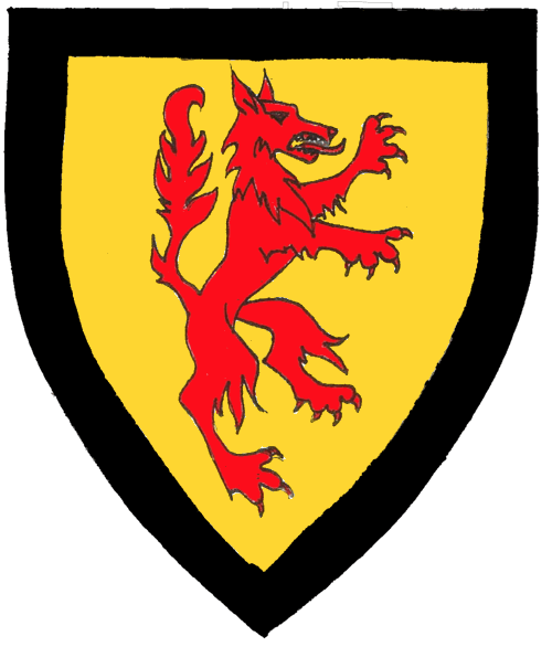 [Or, a wolf rampant contourny gules within a bordure sable.]