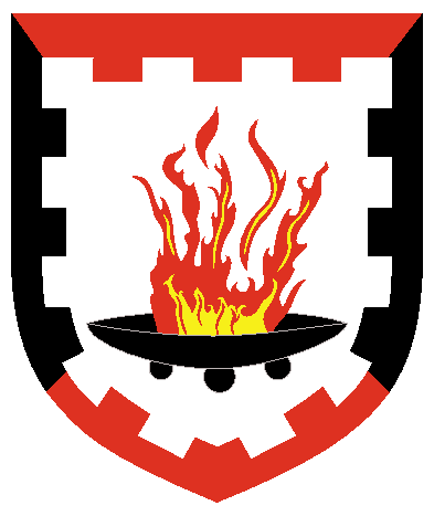 [Argent, a brazier sable flamed proper, a bordure embattled per saltire gules and sable	  	  ]