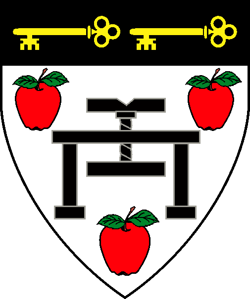 [Argent, a cider press sable between three apples gules, slipped and leaved proper, and for augmentation, on a chief sable two keys fesswise, wards to base Or.   ]