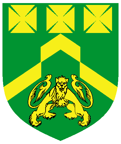 [Vert, a chevron rompu between three crosses formy in fess and a bicorporate lion Or	  ]
