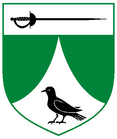 [Vert, on a pile inverted ploye argent a corbie close sable and on a chief argent a rapier reversed sable	  ]