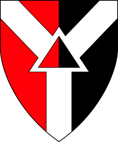 [Per pale gules and sable, on a pall, nowy triangular throughout, argent a triangle per pale gules and sable]