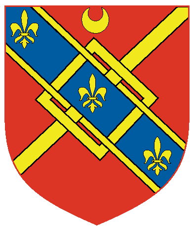 [Gules, on a bend azure fimbriated forming part of a fret three fleurs-de-lys, in chief a crescent Or	  	  ]