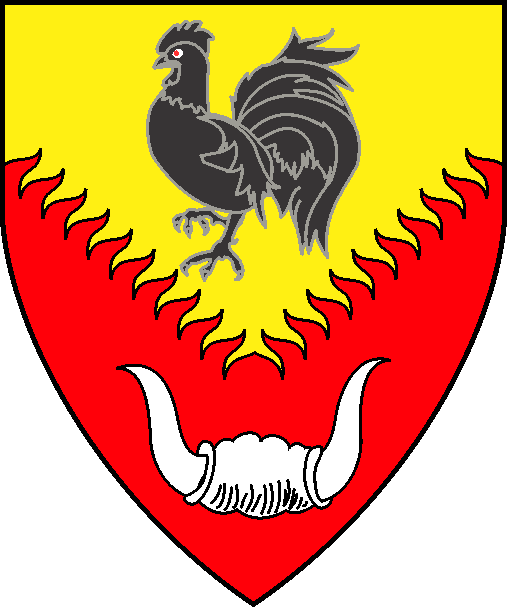 [Per chevron inverted rayonny Or and gules, in pale a cock sable and a bull's massacre argent]