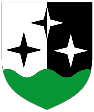 [Per pale argent and sable, three mullets of four points, one and two, counterchanged and a base wavy vert.	  	  ]