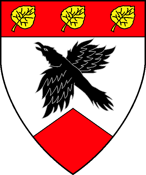 [Argent, a raven volant bendwise sable, a point pointed and on a chief gules three aspen leaves bendwise sinister Or.]