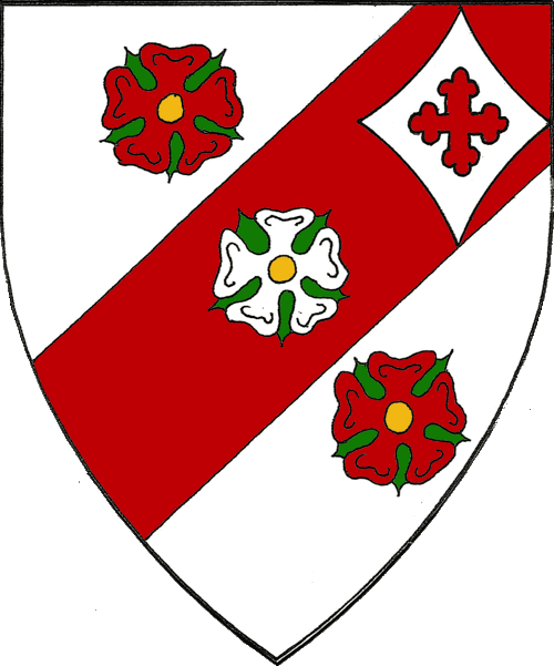 [Argent, on a bend sinister between two roses gules a rose argent and for augmentation in sinister canton on a lozenge ployé palewise argent a cross bottony gules.]
