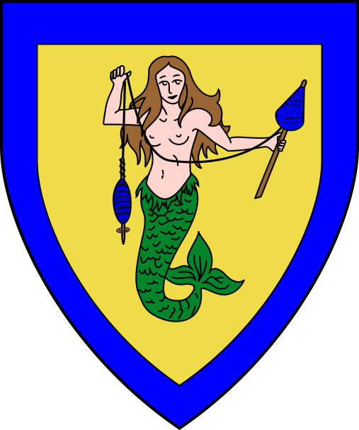 [Or, a light-skinned brunette mermaid proper maintaining in sinister a distaff proper loaded and connected by a thread azure to in dexter a wooden drop spindle proper threaded, a bordure azure]
