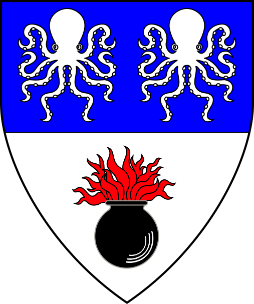 [Per fess azure and argent, two polypuses argent and a grenade sable enflamed gules]