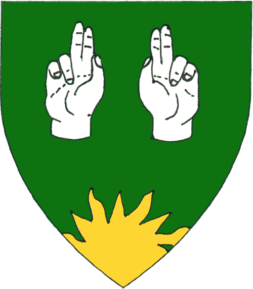 [Vert, a pair of hands in benediction argent, issuant from base a demi-sun Or.	  ]