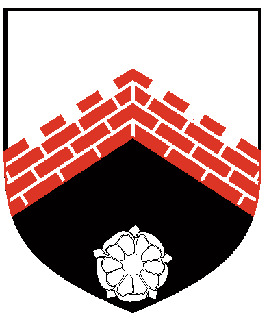 [	Per chevron argent and sable, a chevron embattled gules masoned and in base a rose argent.  ]