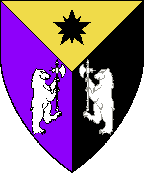 [Per pall Or, purpure and sable, a star of Ansteorra sable and two bears combattant each maintaining an axe argent]