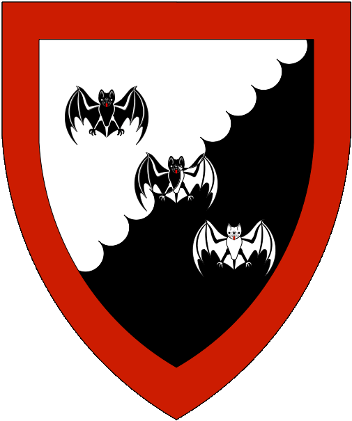[Per bend sinister engrailed argent and sable, in bend three reremice counterchanged within a bordure gules.]