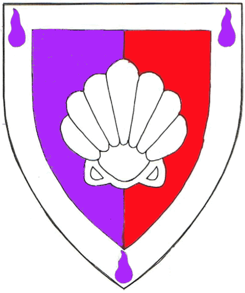[Per pale purpure and gules, an escallop inverted and on a bordure argent three gouttes purpure.]