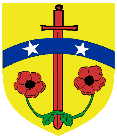 [Or, a sword inverted gules surmounted by a bar enarched azure charged with two mullets argent, in base two Oriental poppies, their stems entwined about the sword's point, gules, seeded sable, slipped and singly leaved vert.]