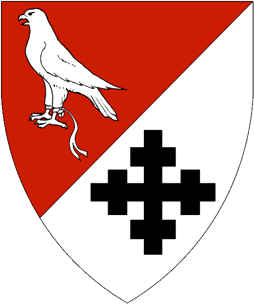 [Per bend sinister gules and argent, a falcon belled and jessed argent and a cross crosslet sable.]