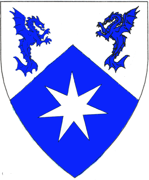 [Per chevron argent and azure, two sea-dragons respectant and a mullet of seven points counterchanged]